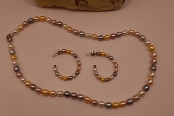 925 Clasp Genuine Pearl Honora Collection White, Yellow And Gray Colored Necklace 18' And Earrings Set