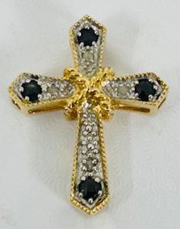 SIGNED JC GOLD OVER STERLING SILVER BLUE SAPPHIRE AND DIAMOND CROSS PENDANT