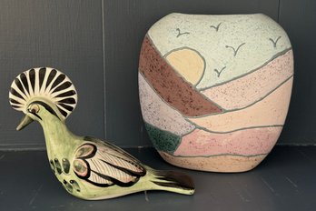 1980s Oval Ceramic Vase And Table Mexican Pottery Bird