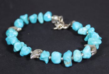 Fine Sterling Silver And Turquoise Beaded Bracelet Signed 8' Long