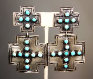 Pair Large Sterling Silver Southwestern Turquoise Maltese Cross Clip Earrings