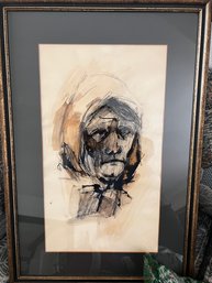 Framed Pen & Ink Artwork - Old Crone With Kerchief