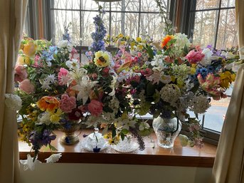 A 13' CUT CRYSTAL VASE, TWO CUT CRYSTAL COVERED DISHES, AND SILK FLOWERS