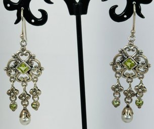 GORGEOUS STERLING SILVER PERIDOT AND PEARL DANGLE EARRINGS