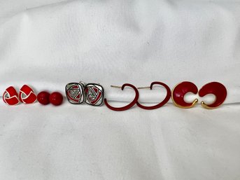 Five Pairs Of Red Enamel Earrings