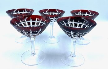 Vintage Bohemian Ruby Red Cut To Clear Crystal Martini Glasses