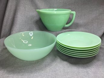 Lot (1 Of 2) 13 Pieces Jadite / Jade Green Glassware Tumblers - Soap Dispenser - Batter Pitcher - Bowl & More