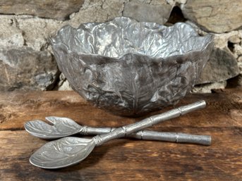 A Great Cabbage Leaf Salad Bowl & Servers In Metal