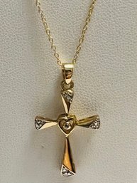 SIGNED JCM 18K GOLD OVER STERLING SILVER DIAMOND ACCENT CROSS NECKLACE