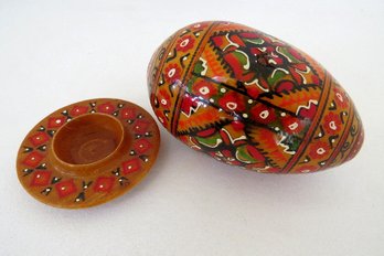 Hand Painted Wooden Egg With Floral Folk Art Design And  Stand