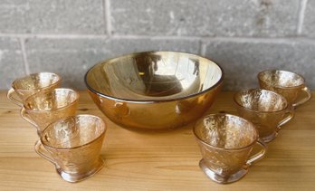 Six Jeanette Floralgold Iridescent Louisa Cups And 10' Bowl