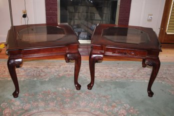 Pair Of Mahogany End Tables With Glass Inserts