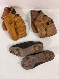 Vintage Sports Lot With 2 Major League BB Gloves And A Pair Of Very Old Size 12 Cleats