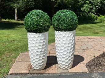 A Pair Of Contemporary Molded Plastic Planters In White With Faux Boxwood Balls