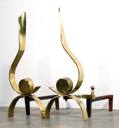 Pair Donald Deskey Style Brass Modernist Andirons - Mid Century Modern