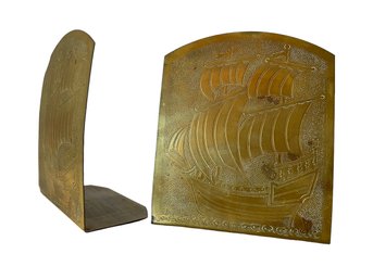 Vintage Pair Of Brass Bookends With Etched Sail Ships