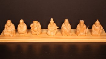 THE SEVEN GODS OF FORTUNE LUCKY BUDDHAS HAND CARVED WOODEN FIGURINES