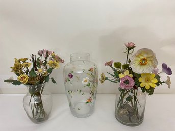 Ceramic Flowers And A Painted Glass Vase