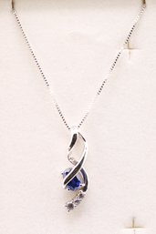 Sterling Silver Diamond Blue Sapphire Pendant With Box Chain