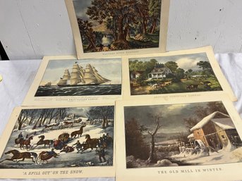 Five Unframed Currier And Ives Prints