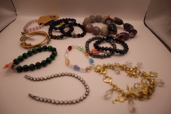 Costume Bracelet Lot With Crystals, Semi-Precious Stones, Gold And Silver Tones, Some Stretch Some Clasps (13)