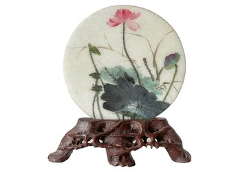 Asian Hardstone Table Screen With Handpainted Floral Scene On A Carved Stand