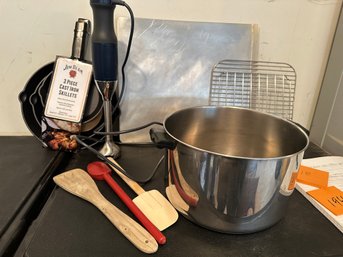 Kitchen Lot  Including Two Piece Jim Beam Cast Iron Pans New