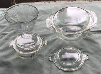 Lot Of 4 MCM Mid Century Pyrex Clear Glass Cooking Items - 1 Ribbed Bowl, 2 Casseroles & Lid