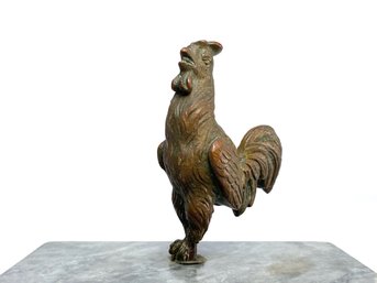 Antique - Solid Bronze Rooster On Marble Plinth - Paperweight