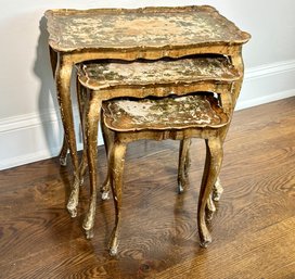 Gold Nesting Tables With Ornate Distressed Cream/Green Design (Set Of 3)