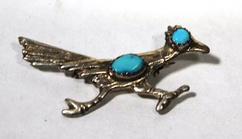 Native American Southwestern Sterling Silver Turquoise Roadrunner Bird Brooch