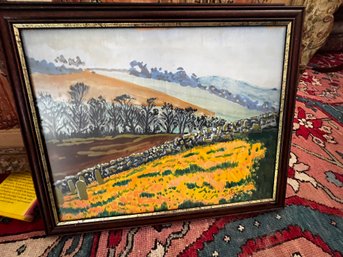 Vintage Inspired Framed Painting - Countryside Landscape With Cemetery