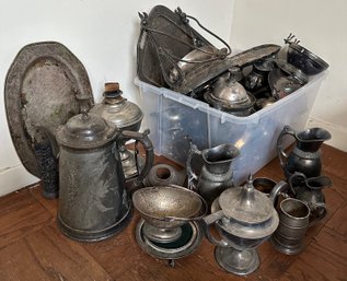 Large Bin Of Silver Plate Coffee Urns, Pitchers, Platters, Trays & More