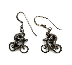 Vintage Sterling Silver Hallmarked Bicyclist Dangle Earrings
