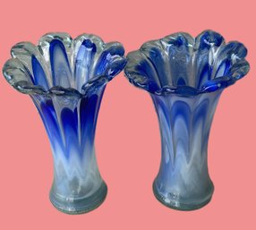 Pair Of Vintage Blue And White 7 1/2' Blown Glass Vases