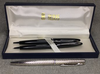 Nice Sterling Silver Ball Point Pen - Plus Brand New BILL BLASS Calais Black & Chrome Pen Set - For One Bid