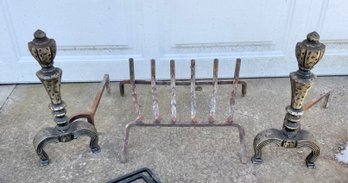 2 Vintage Andirons & Fireplace Grate