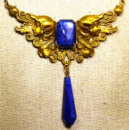 Signed SADIE GREEN Art Nouveau Style Necklace W Lapis Type Glass Stones Faces