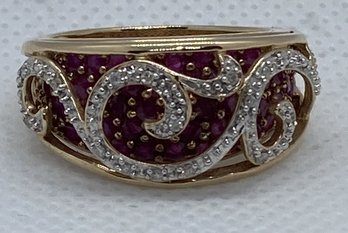 Very Fine Signed MEDA 14K YELLOW GOLD DIAMOND AND RUBY Ring