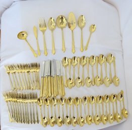 72 Piece Elegance Gold Electroplated Silverware Set Plus 8 Serving Pieces