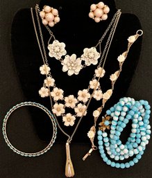 Vintage Jewelry Lot 1 - Older - Flower Necklaces & Bracelet - Clip Earrings - Faux Pearl Teardrop - Blue Beads
