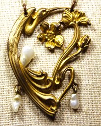 Art Nouveau Gold Tone Antique Necklace W Crane And Genuine Fresh Water Pearls