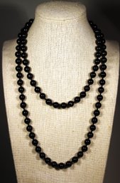 Fine Single Strand 36' Long Genuine Polished Black Onyx Beaded Necklace