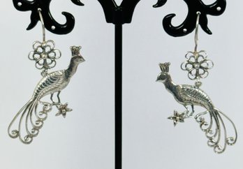 GORGEOUS VINTAGE STERLING SILVER PEACOCK DANGLE EARRINGS