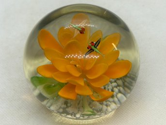 Fine Vintage Art Glass Paperweight With Cased Yellow Flower And Dragonflies