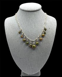 Beautiful Vintage Sterling Silver Polished Unakite Stones Ornate Necklace