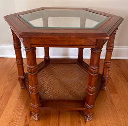 Vintage Hexagonal End Table With Cane Shelf And Glass Top Insert