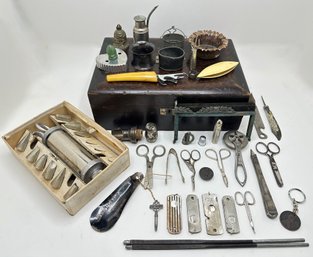 Vintage Cake Decorating Kit, Wood Box With Mirrored Interior, Scissors, Razors & Other Metal Tools (over 30)