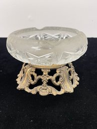 Beautiful Vintage Round Cut Crystal Cast Metal Pedestal Ashtray