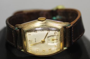 Vintage Gold Filled Men's Wristwatch Leather Band By Elbon